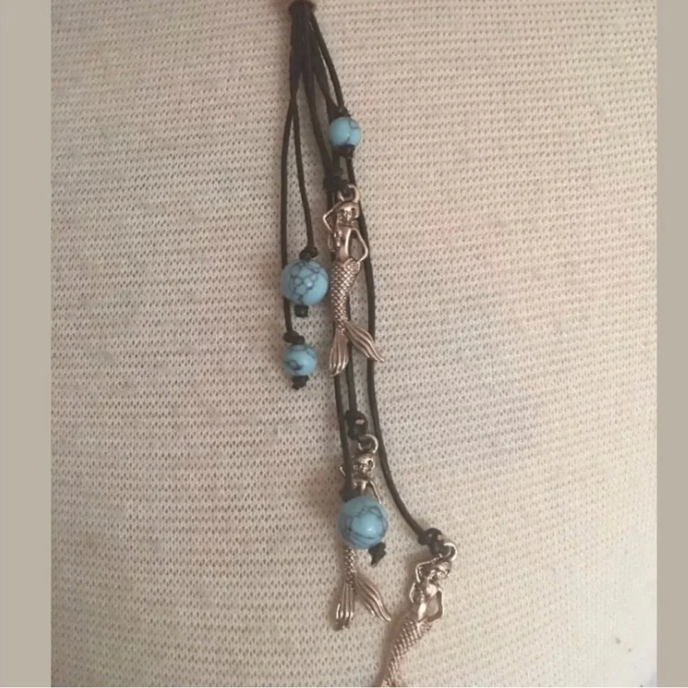 MERMAID‎ leather fringed & Gold Necklace & Earrings Set NWT